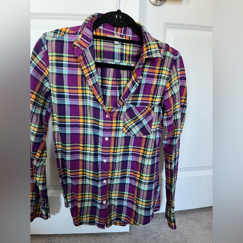 Purple and green plaid button down shirt
